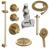 BRAUER Gold Carving thermostatische inbouw regendouche SET 23 met 20 cm douchekop en plafondarm en 3-standen handdouche en doucheslang en geïntegreerde glijstang goud geborsteld PVD