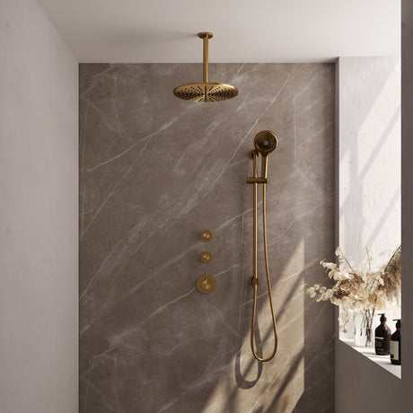 BRAUER Gold Carving thermostatische inbouw regendouche SET 24 met 30 cm douchekop en plafondarm en 3-standen handdouche en doucheslang en geïntegreerde glijstang goud geborsteld PVD