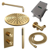 BRAUER Gold Carving thermostatische inbouw regendouche 3-weg omstelling SET 28 met 30 cm douchekop en gebogen muurarm en staaf handdouche en doucheslang en wandaansluitbocht goud geborsteld PVD