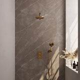 BRAUER Gold Carving thermostatische inbouw regendouche 3-weg omstelling SET 31 met 20 cm douchekop en rechte muurarm en 3-standen handdouche en doucheslang en wandaansluitbocht goud geborsteld PVD