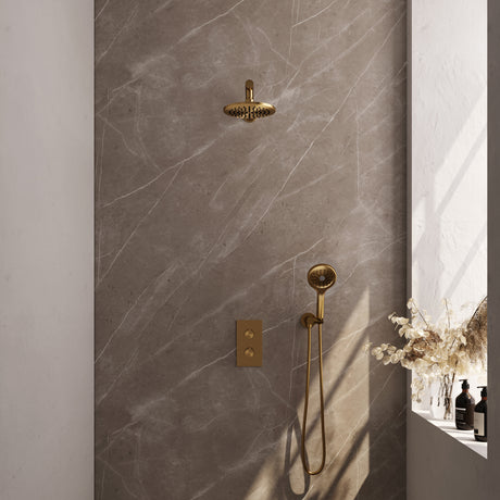 BRAUER Gold Carving thermostatische inbouw regendouche 3-weg omstelling SET 31 met 20 cm douchekop en rechte muurarm en 3-standen handdouche en doucheslang en wandaansluitbocht goud geborsteld PVD