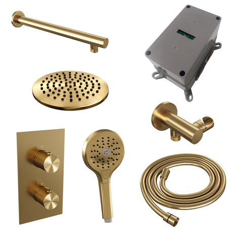 BRAUER Gold Carving thermostatische inbouw regendouche 3-weg omstelling SET 31 met 20 cm douchekop en rechte muurarm en 3-standen handdouche en doucheslang en wandaansluitbocht goud geborsteld PVD