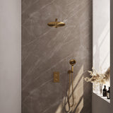 BRAUER Gold Carving thermostatische inbouw regendouche 3-weg omstelling SET 32 met 30 cm douchekop en rechte muurarm en 3-standen handdouche en doucheslang en wandaansluitbocht goud geborsteld PVD