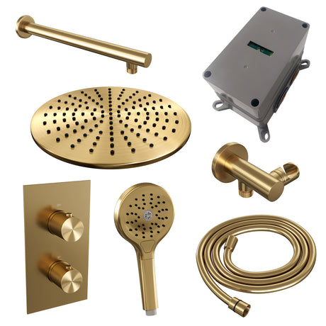 BRAUER Gold Carving thermostatische inbouw regendouche 3-weg omstelling SET 32 met 30 cm douchekop en rechte muurarm en 3-standen handdouche en doucheslang en wandaansluitbocht goud geborsteld PVD