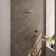 BRAUER Gold Carving thermostatische inbouw regendouche 3-weg omstelling SET 33 met 20 cm douchekop en gebogen muurarm en 3-standen handdouche en doucheslang en wandaansluitbocht goud geborsteld PVD