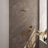 BRAUER Gold Carving thermostatische inbouw regendouche 3-weg omstelling SET 33 met 20 cm douchekop en gebogen muurarm en 3-standen handdouche en doucheslang en wandaansluitbocht goud geborsteld PVD