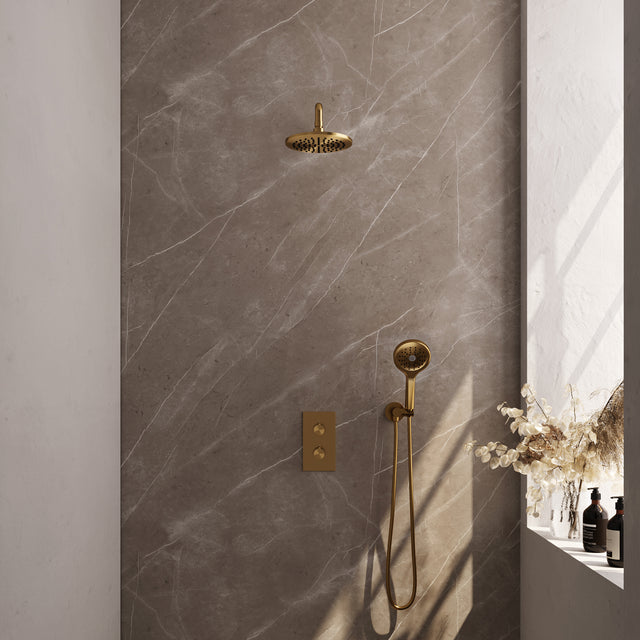 BRAUER Gold Carving thermostatische inbouw regendouche 3-weg omstelling SET 33 met 20 cm douchekop en gebogen muurarm en 3-standen handdouche en doucheslang en wandaansluitbocht goud geborsteld PVD
