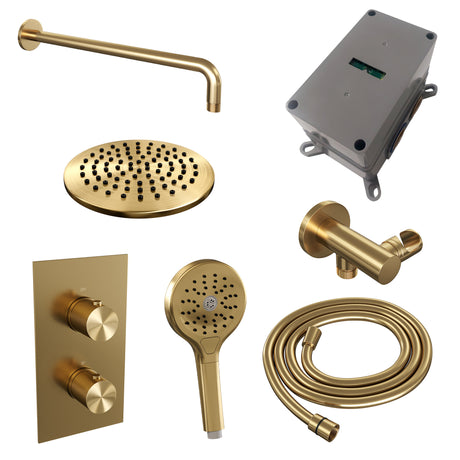 BRAUER Gold Carving thermostatische inbouw regendouche 3-weg omstelling SET 33 met 20 cm douchekop en gebogen muurarm en 3-standen handdouche en doucheslang en wandaansluitbocht goud geborsteld PVD