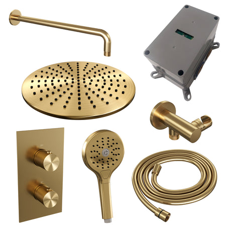 BRAUER Gold Carving thermostatische inbouw regendouche 3-weg omstelling SET 34 met 30 cm douchekop en gebogen muurarm en 3-standen handdouche en doucheslang en wandaansluitbocht goud geborsteld PVD