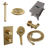 BRAUER Gold Carving thermostatische inbouw regendouche 3-weg omstelling SET 35 met 20 cm douchekop en plafondarm en 3-standen handdouche en doucheslang en wandaansluitbocht goud geborsteld PVD