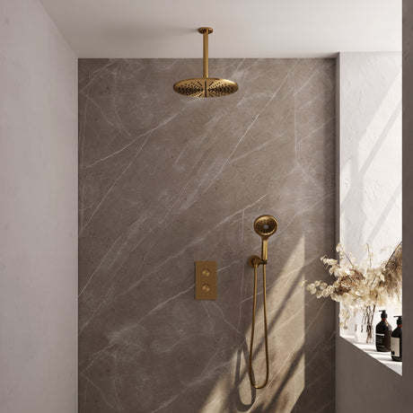 BRAUER Gold Carving thermostatische inbouw regendouche 3-weg omstelling SET 36 met 30 cm douchekop en plafondarm en 3-standen handdouche en doucheslang en wandaansluitbocht goud geborsteld PVD