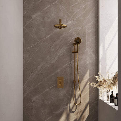 BRAUER Gold Carving thermostatische inbouw regendouche 3-weg omstelling SET 43 met 20 cm douchekop en rechte muurarm en 3-standen handdouche en doucheslang en geïntegreerde glijstang goud geborsteld PVD