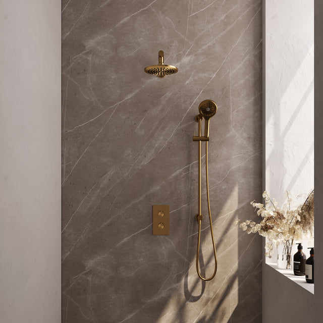BRAUER Gold Carving thermostatische inbouw regendouche 3-weg omstelling SET 43 met 20 cm douchekop en rechte muurarm en 3-standen handdouche en doucheslang en geïntegreerde glijstang goud geborsteld PVD
