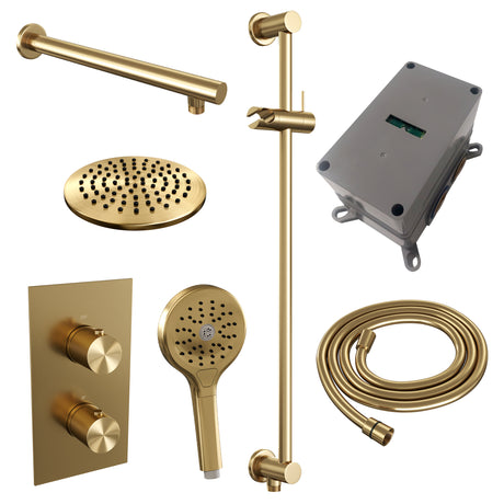 BRAUER Gold Carving thermostatische inbouw regendouche 3-weg omstelling SET 43 met 20 cm douchekop en rechte muurarm en 3-standen handdouche en doucheslang en geïntegreerde glijstang goud geborsteld PVD