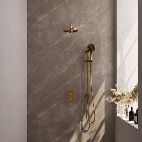 BRAUER Gold Carving thermostatische inbouw regendouche 3-weg omstelling SET 45 met 20 cm douchekop en gebogen muurarm en 3-standen handdouche en doucheslang en geïntegreerde glijstang goud geborsteld PVD