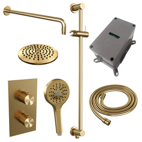 BRAUER Gold Carving thermostatische inbouw regendouche 3-weg omstelling SET 45 met 20 cm douchekop en gebogen muurarm en 3-standen handdouche en doucheslang en geïntegreerde glijstang goud geborsteld PVD