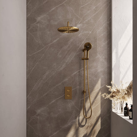 BRAUER Gold Carving thermostatische inbouw regendouche 3-weg omstelling SET 46 met 30 cm douchekop en gebogen muurarm en 3-standen handdouche en doucheslang en geïntegreerde glijstang goud geborsteld PVD