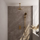 BRAUER Gold Carving thermostatische inbouw regendouche 3-weg omstelling SET 47 met 20 cm douchekop en plafondarm en 3-standen handdouche en doucheslang en geïntegreerde glijstang goud geborsteld PVD