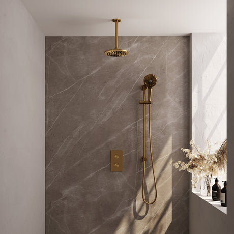 BRAUER Gold Carving thermostatische inbouw regendouche 3-weg omstelling SET 47 met 20 cm douchekop en plafondarm en 3-standen handdouche en doucheslang en geïntegreerde glijstang goud geborsteld PVD