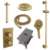 BRAUER Gold Carving thermostatische inbouw regendouche 3-weg omstelling SET 47 met 20 cm douchekop en plafondarm en 3-standen handdouche en doucheslang en geïntegreerde glijstang goud geborsteld PVD