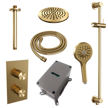 BRAUER Gold Carving thermostatische inbouw regendouche 3-weg omstelling SET 47 met 20 cm douchekop en plafondarm en 3-standen handdouche en doucheslang en geïntegreerde glijstang goud geborsteld PVD