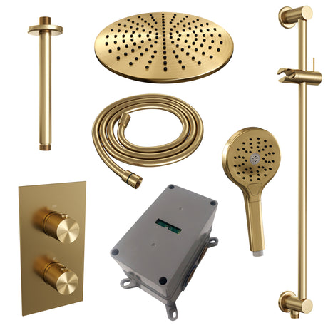BRAUER Gold Carving thermostatische inbouw regendouche 3-weg omstelling SET 48 met 30 cm douchekop en plafondarm en 3-standen handdouche en doucheslang en geïntegreerde glijstang goud geborsteld PVD