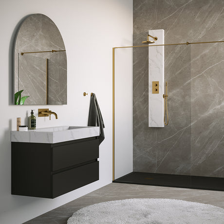 BRAUER Gold Edition thermostatisch douchepaneel 2-weg omstelling calacatta gold SET 01 met 20 cm douchekop en gebogen muurarm en staaf handdouche en wandaansluitbocht en doucheslang goud geborsteld PVD