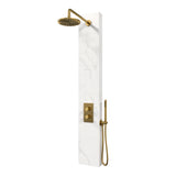 BRAUER Gold Edition thermostatisch douchepaneel 2-weg omstelling calacatta gold SET 01 met 20 cm douchekop en gebogen muurarm en staaf handdouche en wandaansluitbocht en doucheslang goud geborsteld PVD