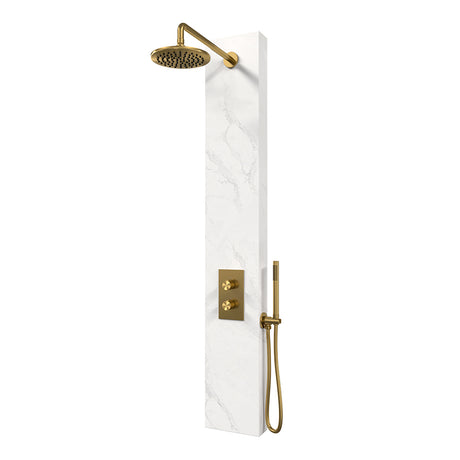 BRAUER Gold Edition thermostatisch douchepaneel 2-weg omstelling calacatta gold SET 01 met 20 cm douchekop en gebogen muurarm en staaf handdouche en wandaansluitbocht en doucheslang goud geborsteld PVD
