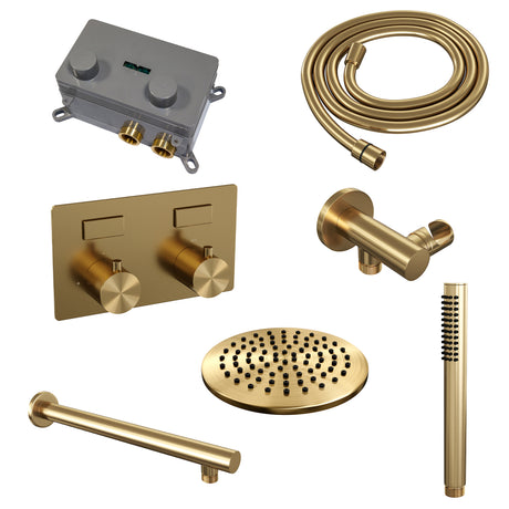 BRAUER Gold Edition thermostatische inbouw regendouche met drukknoppen SET 49 met 20 cm douchekop en rechte muurarm en staaf handdouche en doucheslang en wandaansluitbocht goud geborsteld PVD
