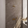 BRAUER Gold Edition thermostatische inbouw regendouche met drukknoppen SET 51 met 20 cm douchekop en gebogen muurarm en staaf handdouche en doucheslang en wandaansluitbocht goud geborsteld PVD