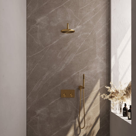 BRAUER Gold Edition thermostatische inbouw regendouche met drukknoppen SET 51 met 20 cm douchekop en gebogen muurarm en staaf handdouche en doucheslang en wandaansluitbocht goud geborsteld PVD