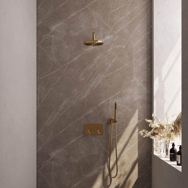 BRAUER Gold Edition thermostatische inbouw regendouche met drukknoppen SET 51 met 20 cm douchekop en gebogen muurarm en staaf handdouche en doucheslang en wandaansluitbocht goud geborsteld PVD