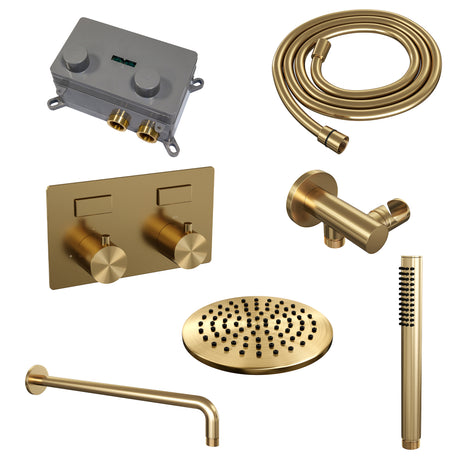 BRAUER Gold Edition thermostatische inbouw regendouche met drukknoppen SET 51 met 20 cm douchekop en gebogen muurarm en staaf handdouche en doucheslang en wandaansluitbocht goud geborsteld PVD
