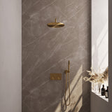BRAUER Gold Edition thermostatische inbouw regendouche met drukknoppen SET 52 met 30 cm douchekop en gebogen muurarm en staaf handdouche en doucheslang en wandaansluitbocht goud geborsteld PVD