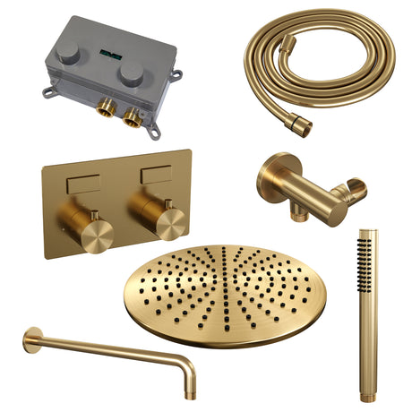 BRAUER Gold Edition thermostatische inbouw regendouche met drukknoppen SET 52 met 30 cm douchekop en gebogen muurarm en staaf handdouche en doucheslang en wandaansluitbocht goud geborsteld PVD