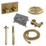 BRAUER Gold Edition thermostatische inbouw regendouche met drukknoppen SET 53 met 20 cm douchekop en plafondarm en staaf handdouche en doucheslang en wandaansluitbocht goud geborsteld PVD