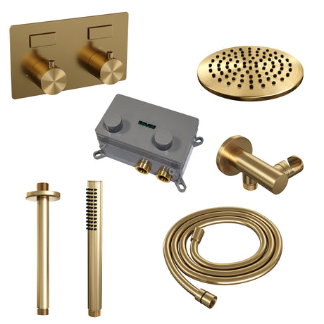 BRAUER Gold Edition thermostatische inbouw regendouche met drukknoppen SET 53 met 20 cm douchekop en plafondarm en staaf handdouche en doucheslang en wandaansluitbocht goud geborsteld PVD
