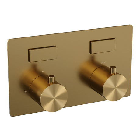 BRAUER Gold Edition thermostatische inbouw regendouche met drukknoppen SET 53 met 20 cm douchekop en plafondarm en staaf handdouche en doucheslang en wandaansluitbocht goud geborsteld PVD