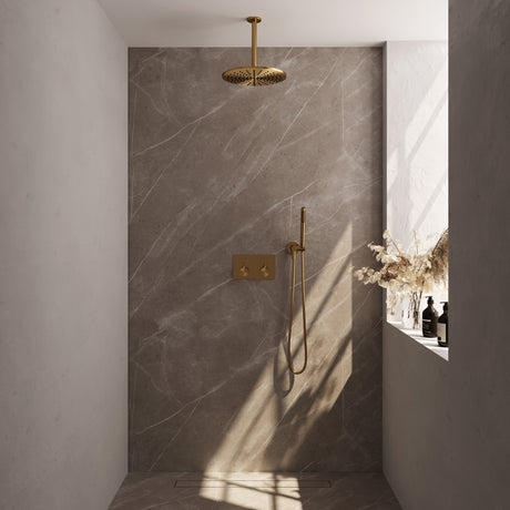 BRAUER Gold Edition thermostatische inbouw regendouche met drukknoppen SET 54 met 30 cm douchekop en plafondarm en staaf handdouche en doucheslang en wandaansluitbocht goud geborsteld PVD