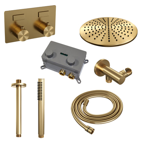 BRAUER Gold Edition thermostatische inbouw regendouche met drukknoppen SET 54 met 30 cm douchekop en plafondarm en staaf handdouche en doucheslang en wandaansluitbocht goud geborsteld PVD