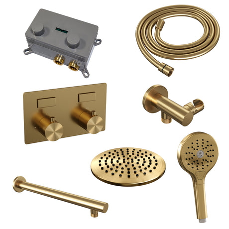 BRAUER Gold Edition thermostatische inbouw regendouche met drukknoppen SET 55 met 20 cm douchekop en rechte muurarm en 3-standen handdouche en doucheslang en wandaansluitbocht goud geborsteld PVD