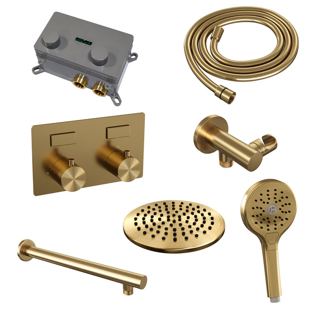 BRAUER Gold Edition thermostatische inbouw regendouche met drukknoppen SET 55 met 20 cm douchekop en rechte muurarm en 3-standen handdouche en doucheslang en wandaansluitbocht goud geborsteld PVD