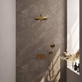 BRAUER Gold Edition thermostatische inbouw regendouche met drukknoppen SET 56 met 30 cm douchekop en rechte muurarm en 3-standen handdouche en doucheslang en wandaansluitbocht goud geborsteld PVD