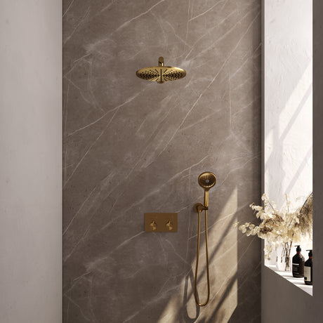 BRAUER Gold Edition thermostatische inbouw regendouche met drukknoppen SET 56 met 30 cm douchekop en rechte muurarm en 3-standen handdouche en doucheslang en wandaansluitbocht goud geborsteld PVD