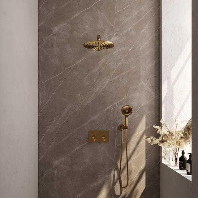 BRAUER Gold Edition thermostatische inbouw regendouche met drukknoppen SET 56 met 30 cm douchekop en rechte muurarm en 3-standen handdouche en doucheslang en wandaansluitbocht goud geborsteld PVD