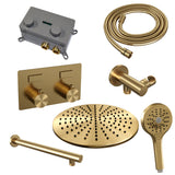 BRAUER Gold Edition thermostatische inbouw regendouche met drukknoppen SET 56 met 30 cm douchekop en rechte muurarm en 3-standen handdouche en doucheslang en wandaansluitbocht goud geborsteld PVD