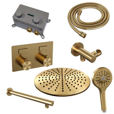 BRAUER Gold Edition thermostatische inbouw regendouche met drukknoppen SET 56 met 30 cm douchekop en rechte muurarm en 3-standen handdouche en doucheslang en wandaansluitbocht goud geborsteld PVD