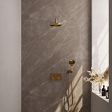 BRAUER Gold Edition thermostatische inbouw regendouche met drukknoppen SET 57 met 20 cm douchekop en gebogen muurarm en 3-standen handdouche en doucheslang en wandaansluitbocht goud geborsteld PVD