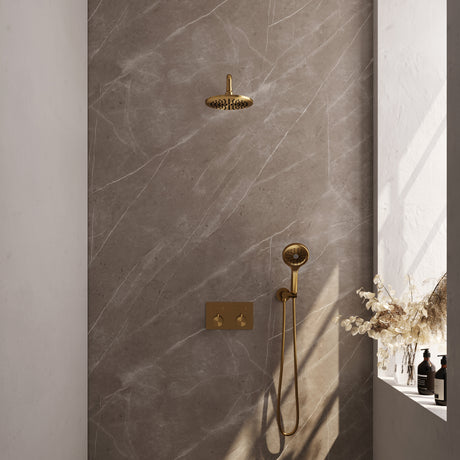 BRAUER Gold Edition thermostatische inbouw regendouche met drukknoppen SET 57 met 20 cm douchekop en gebogen muurarm en 3-standen handdouche en doucheslang en wandaansluitbocht goud geborsteld PVD